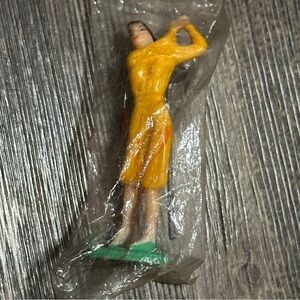 women golfer vintage plastic cake topper brown hair yellow dress golf VTG NOS